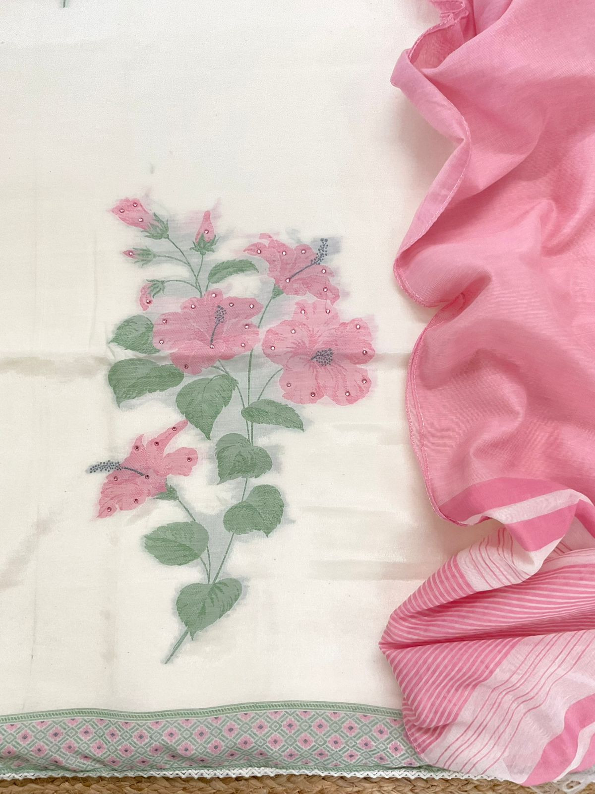 Soft Shimmer Silk Jamdani Weaved Embroidered Suit - Off White