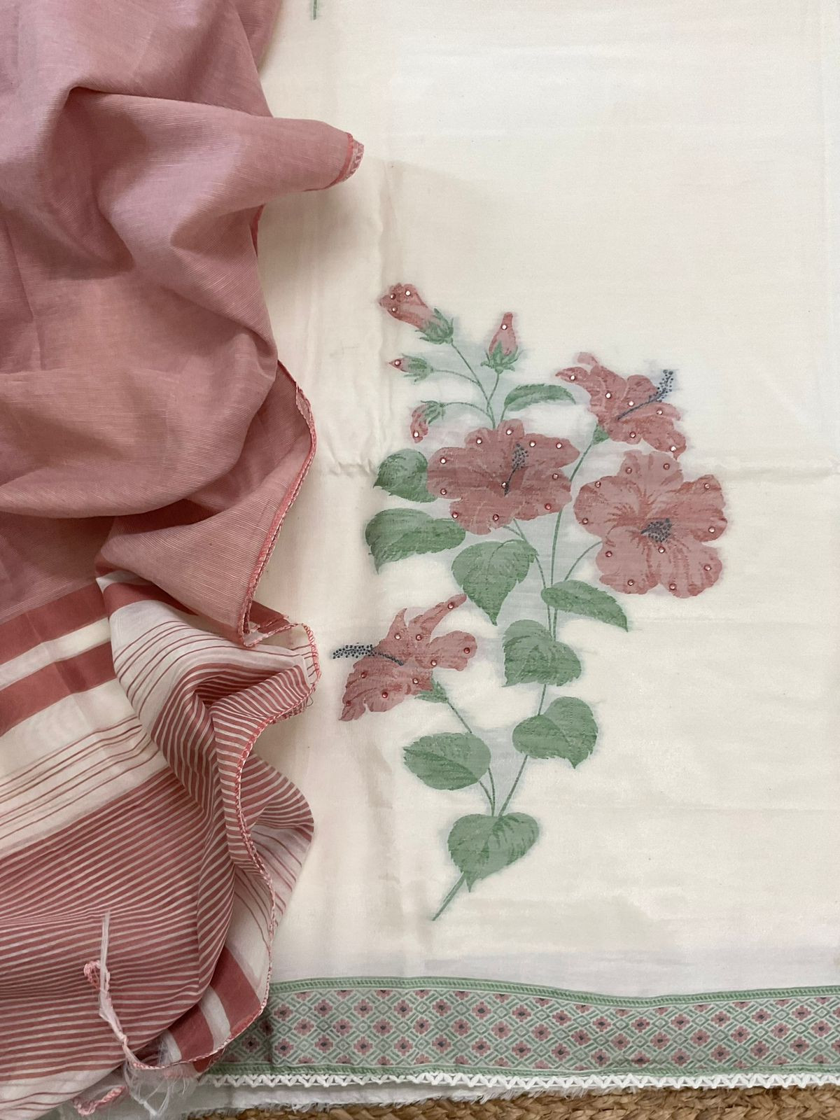 Soft Shimmer Silk Jamdani Weaved Embroidered Suit - Off White