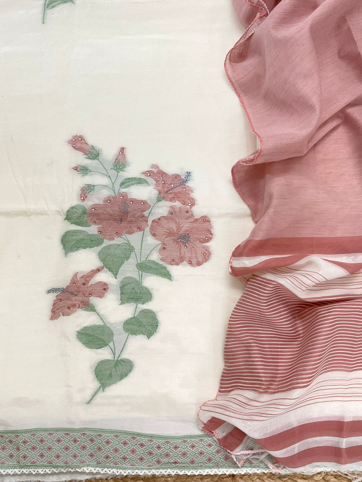 Soft Shimmer Silk Jamdani Weaved Embroidered Suit - Off White