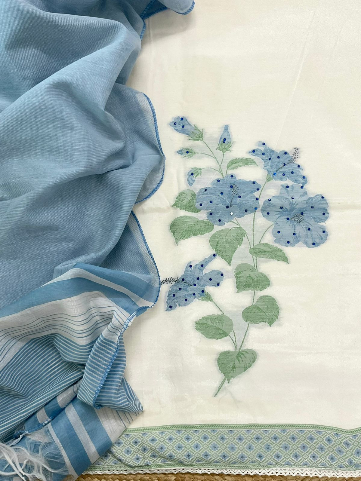 Soft Shimmer Silk Jamdani Weaved Embroidered Suit - Off White