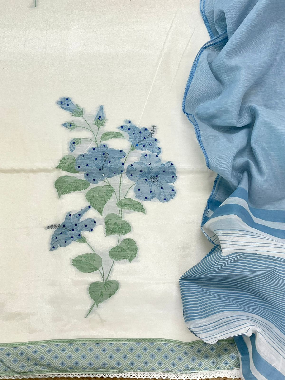 Soft Shimmer Silk Jamdani Weaved Embroidered Suit - Off White