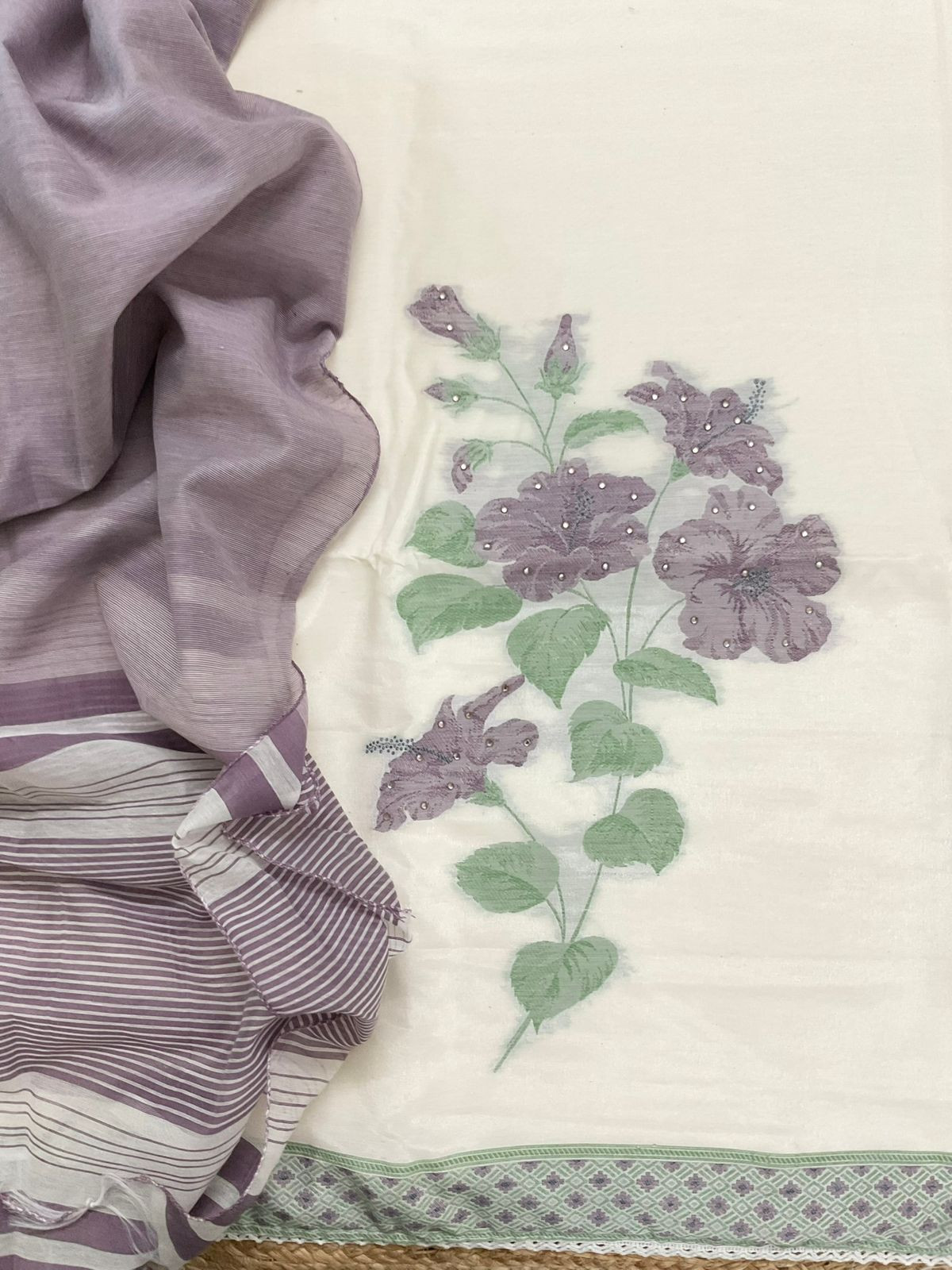 Soft Shimmer Silk Jamdani Weaved Embroidered Suit - Off White