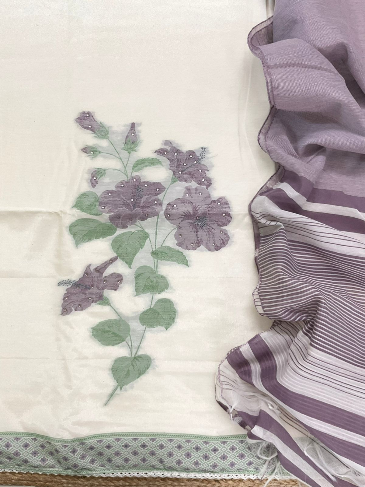 Soft Shimmer Silk Jamdani Weaved Embroidered Suit - Off White