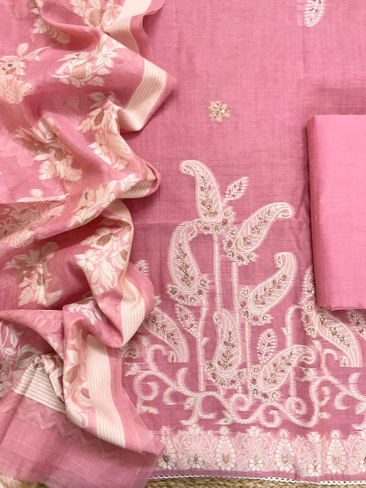 Soft Slub Chanderi Jamdani Weaved Embroidered Suit - Pink