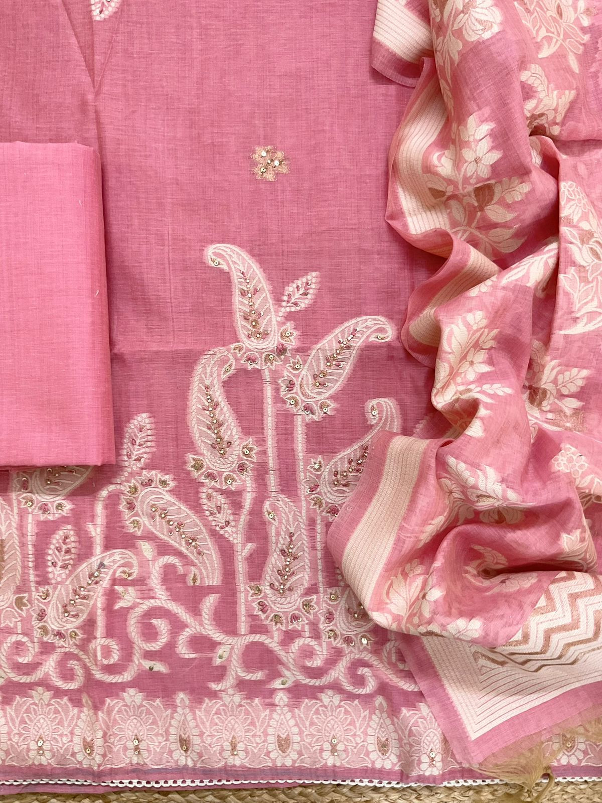 Soft Slub Chanderi Jamdani Weaved Embroidered Suit - Pink