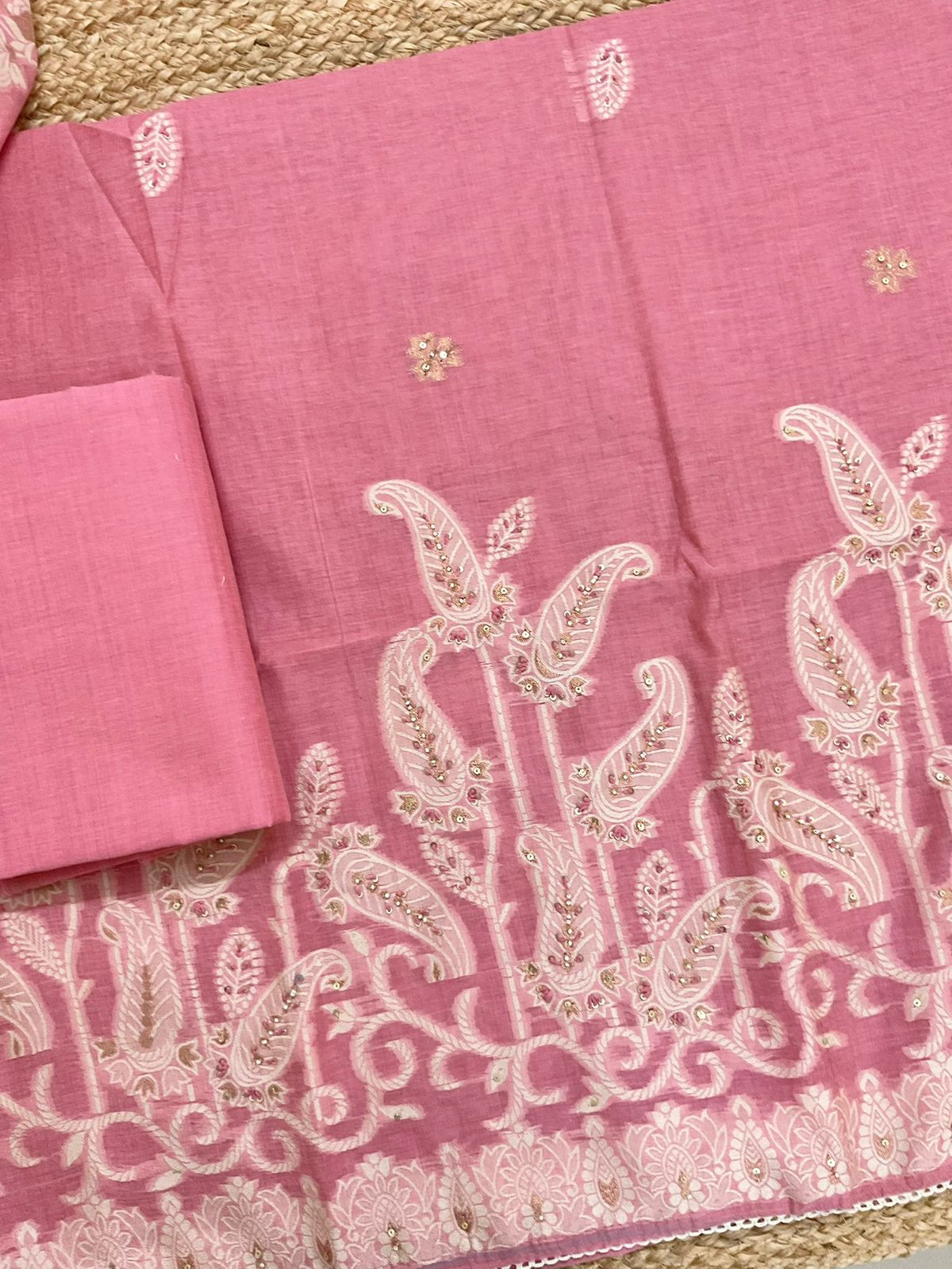 Soft Slub Chanderi Jamdani Weaved Embroidered Suit - Pink