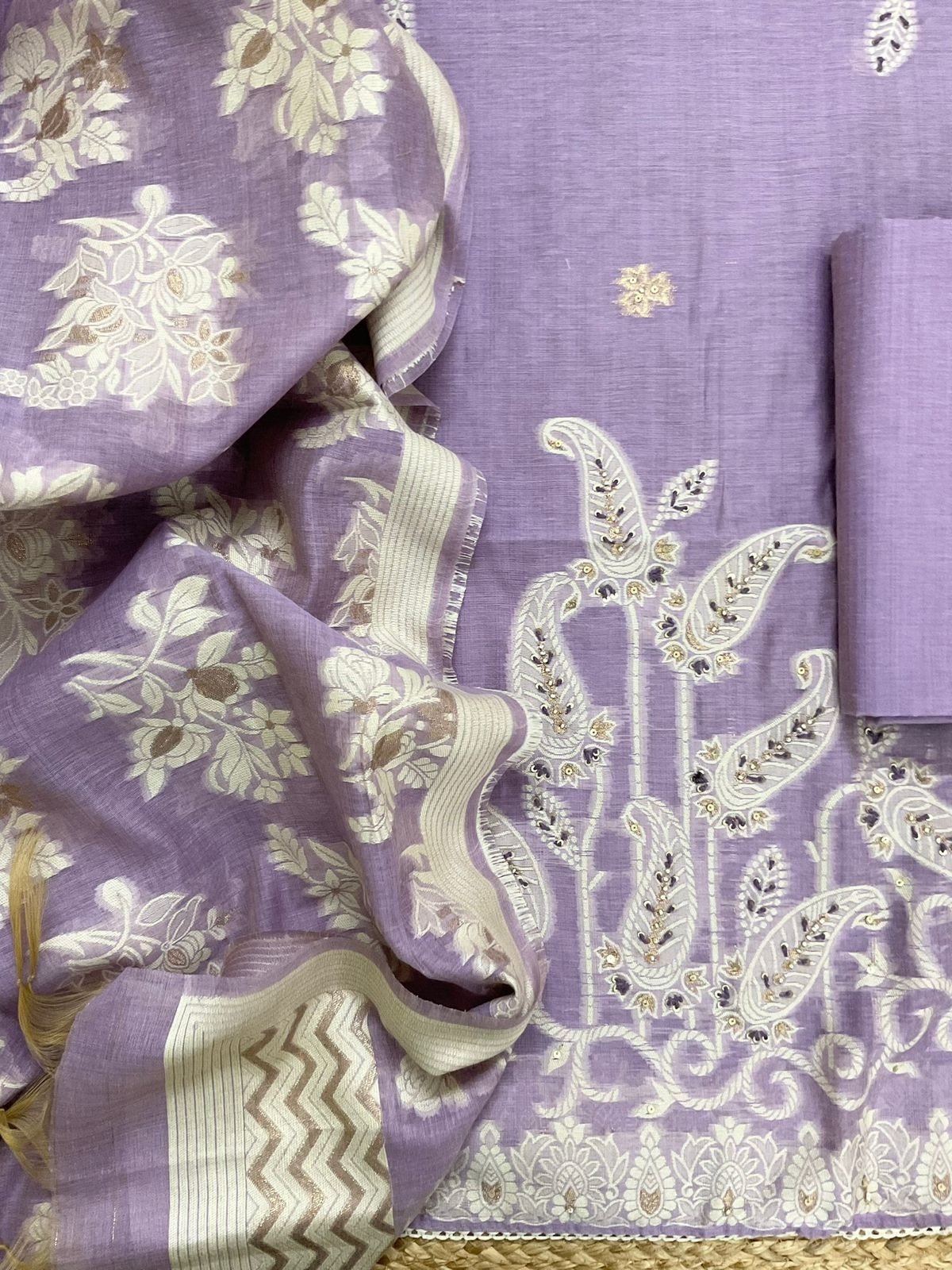 Soft Slub Chanderi Jamdani Weaved Embroidered Suit - Lavender