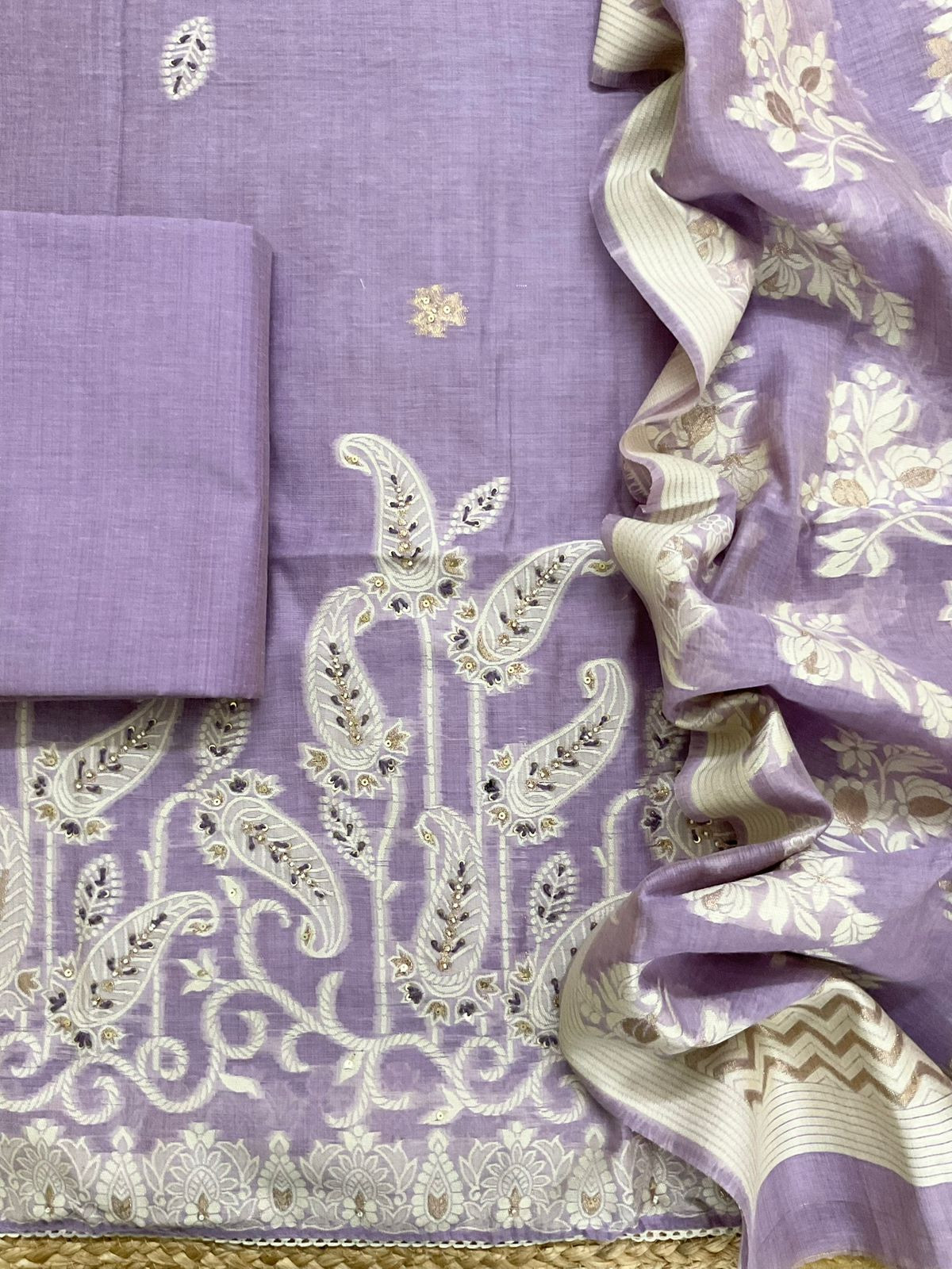 Soft Slub Chanderi Jamdani Weaved Embroidered Suit - Lavender