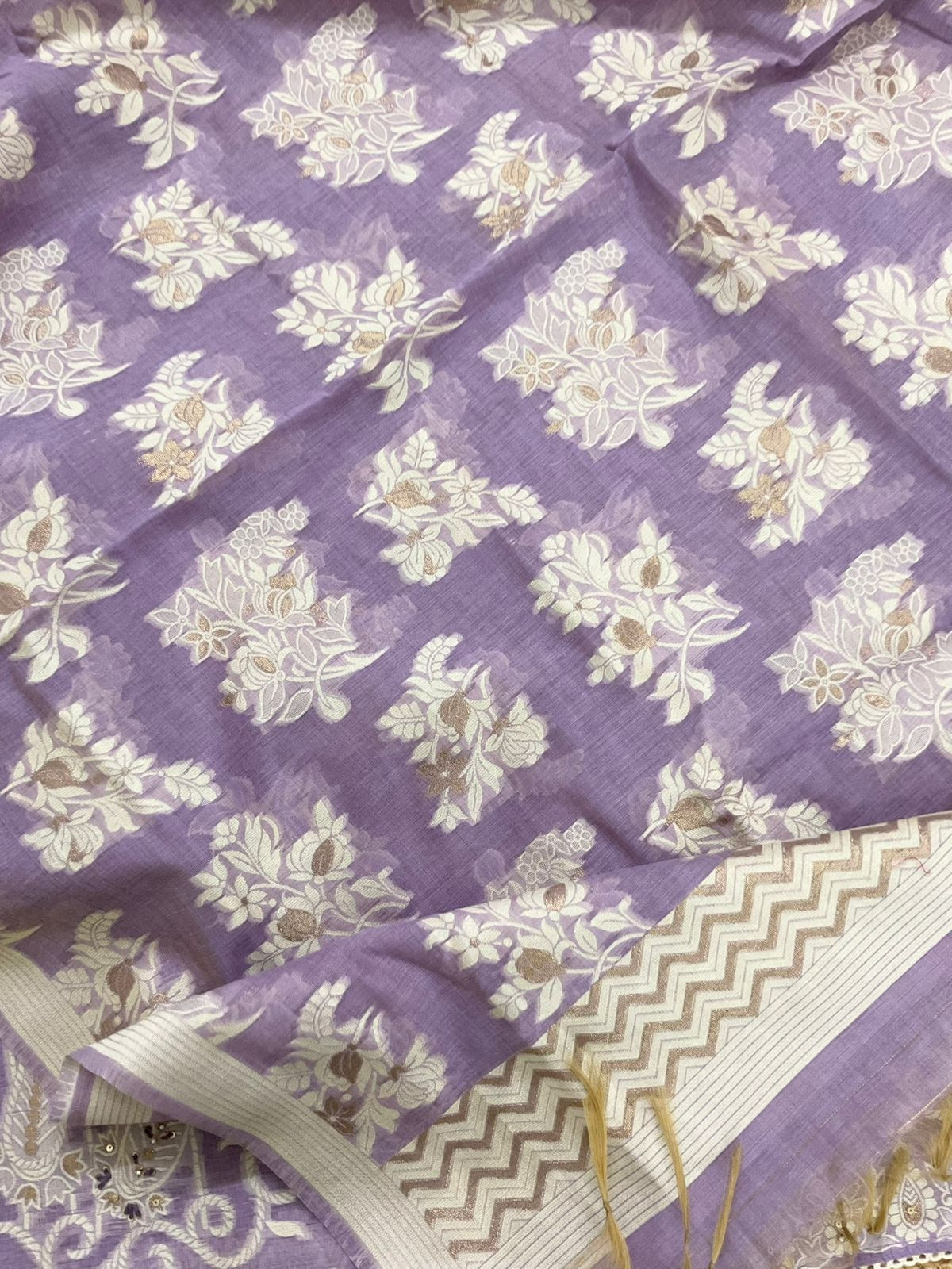 Soft Slub Chanderi Jamdani Weaved Embroidered Suit - Lavender