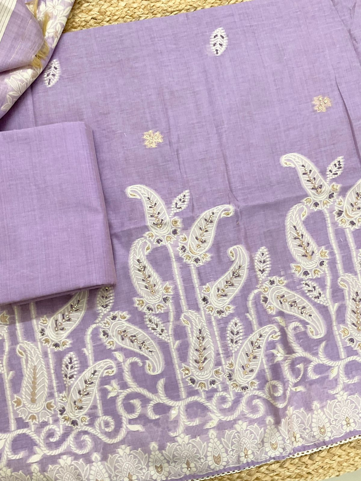Soft Slub Chanderi Jamdani Weaved Embroidered Suit - Lavender