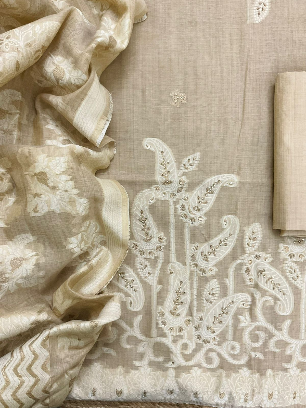 Soft Slub Chanderi Jamdani Weaved Embroidered Suit - Beige