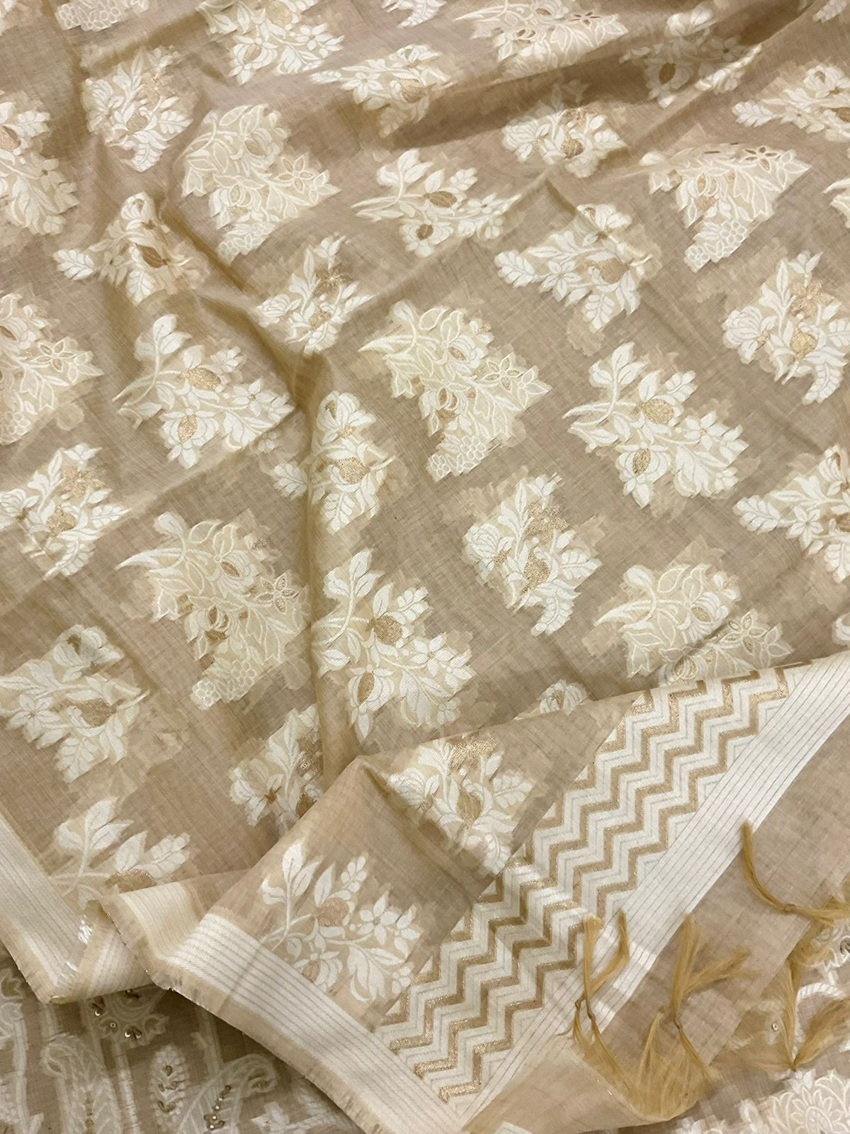 Soft Slub Chanderi Jamdani Weaved Embroidered Suit - Beige