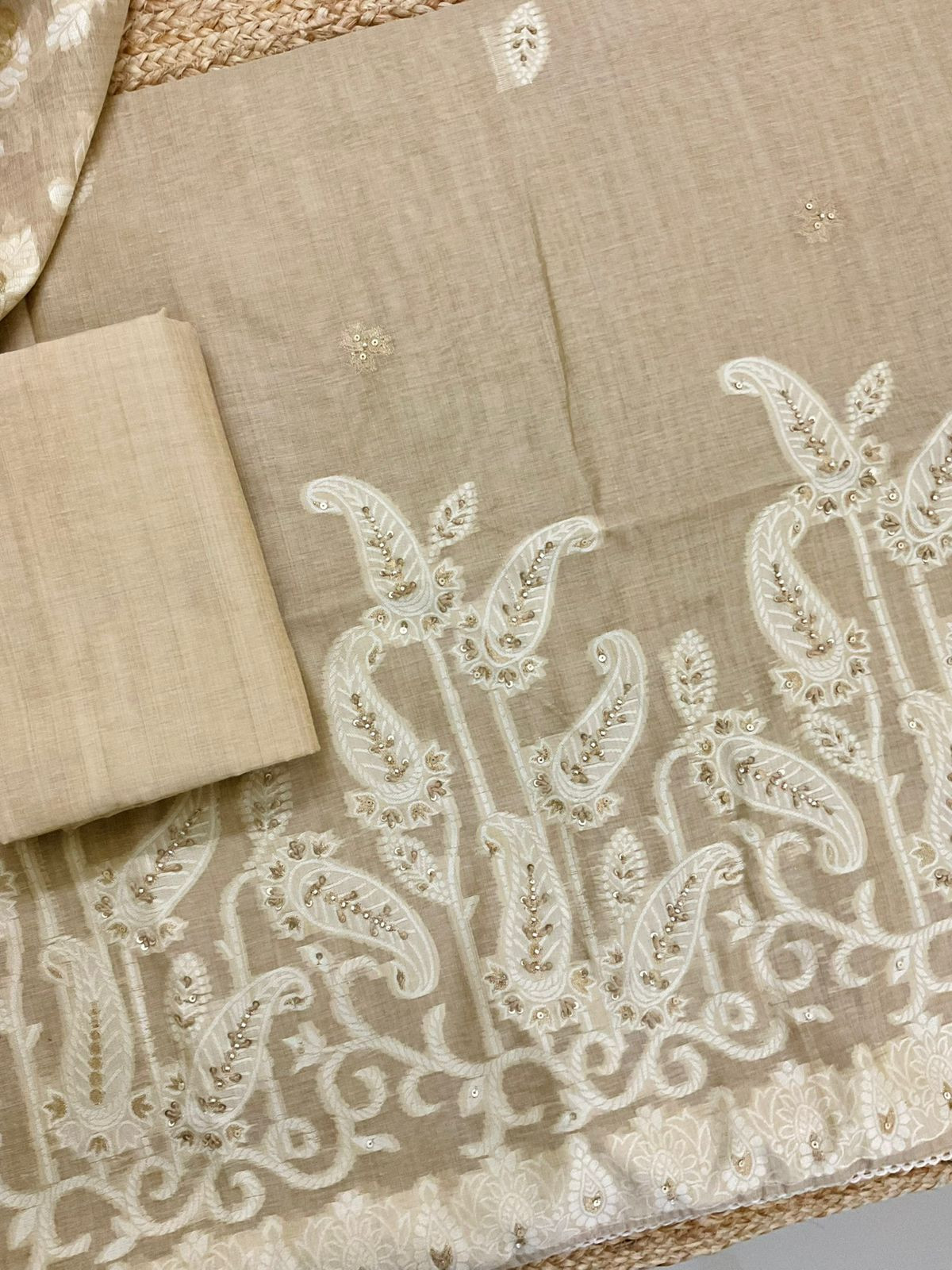 Soft Slub Chanderi Jamdani Weaved Embroidered Suit - Beige