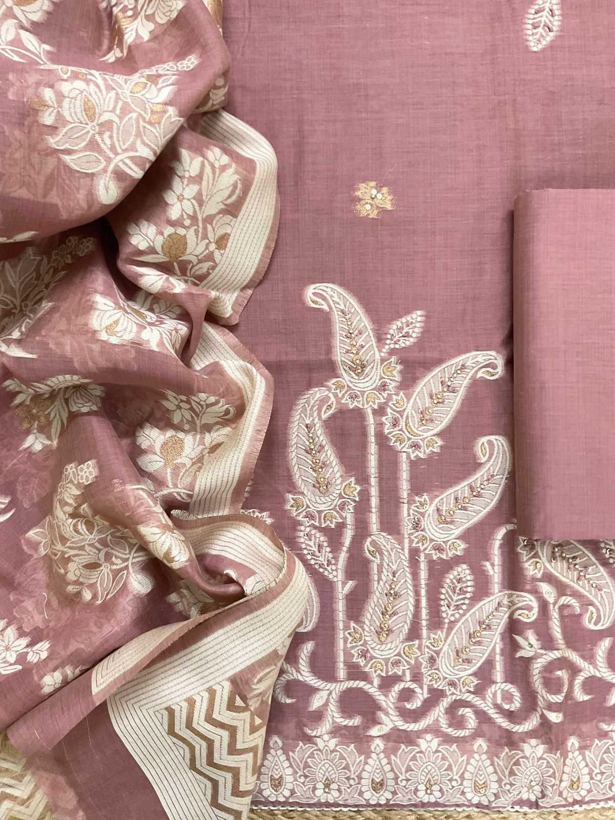 Soft Slub Chanderi Jamdani Weaved Embroidered Suit - Dark Onion Pink