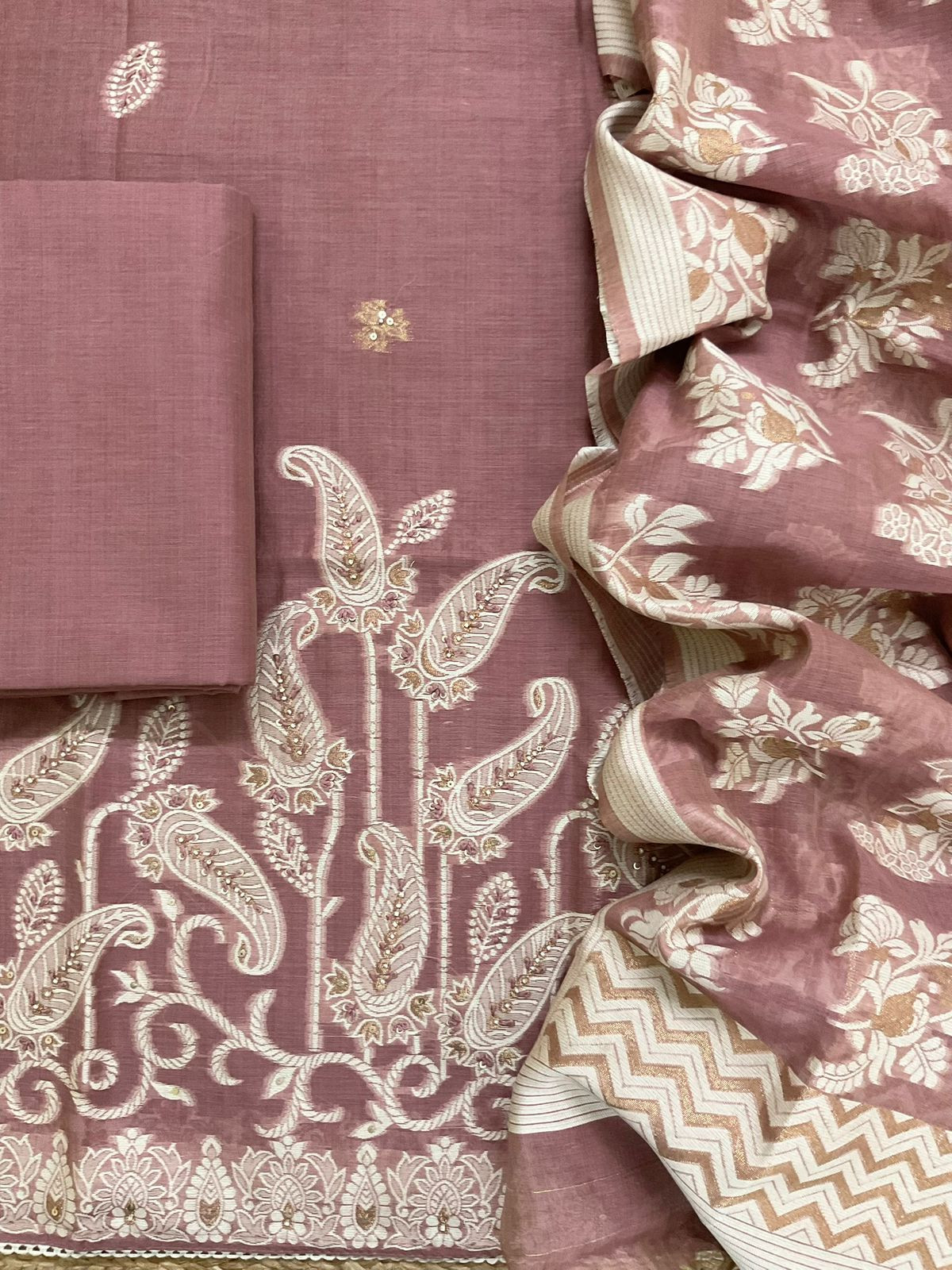 Soft Slub Chanderi Jamdani Weaved Embroidered Suit - Dark Onion Pink
