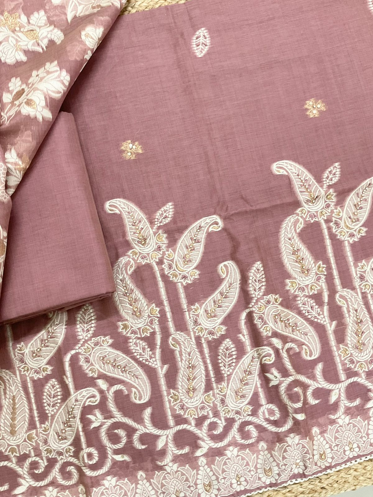 Soft Slub Chanderi Jamdani Weaved Embroidered Suit - Dark Onion Pink