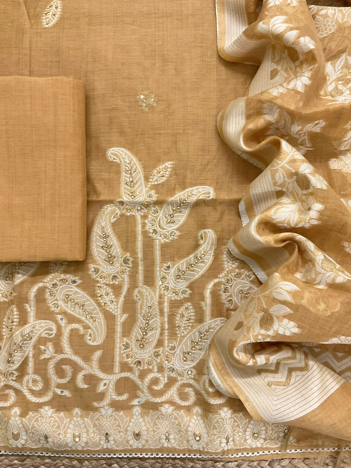 Soft Slub Chanderi Jamdani Weaved Embroidered Suit - Yellowish Brown