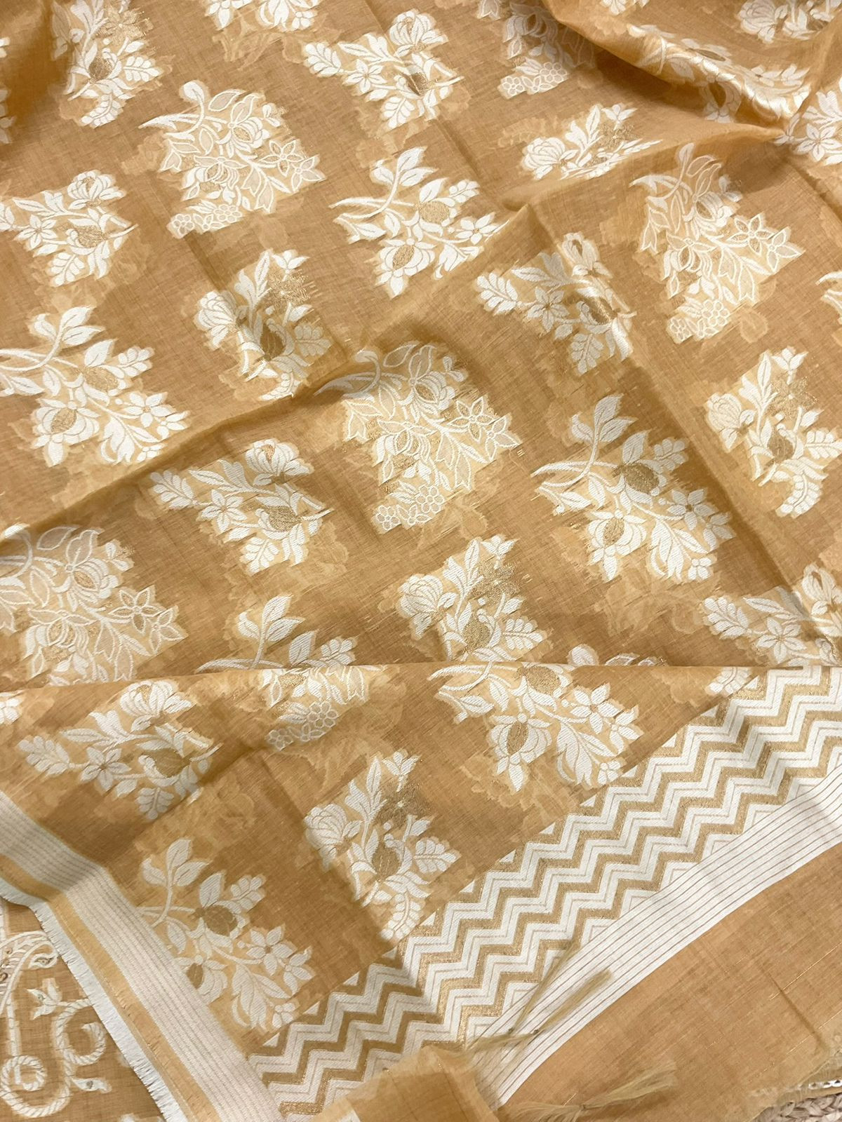 Soft Slub Chanderi Jamdani Weaved Embroidered Suit - Yellowish Brown