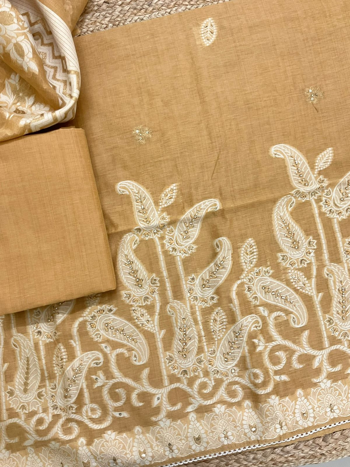 Soft Slub Chanderi Jamdani Weaved Embroidered Suit - Yellowish Brown