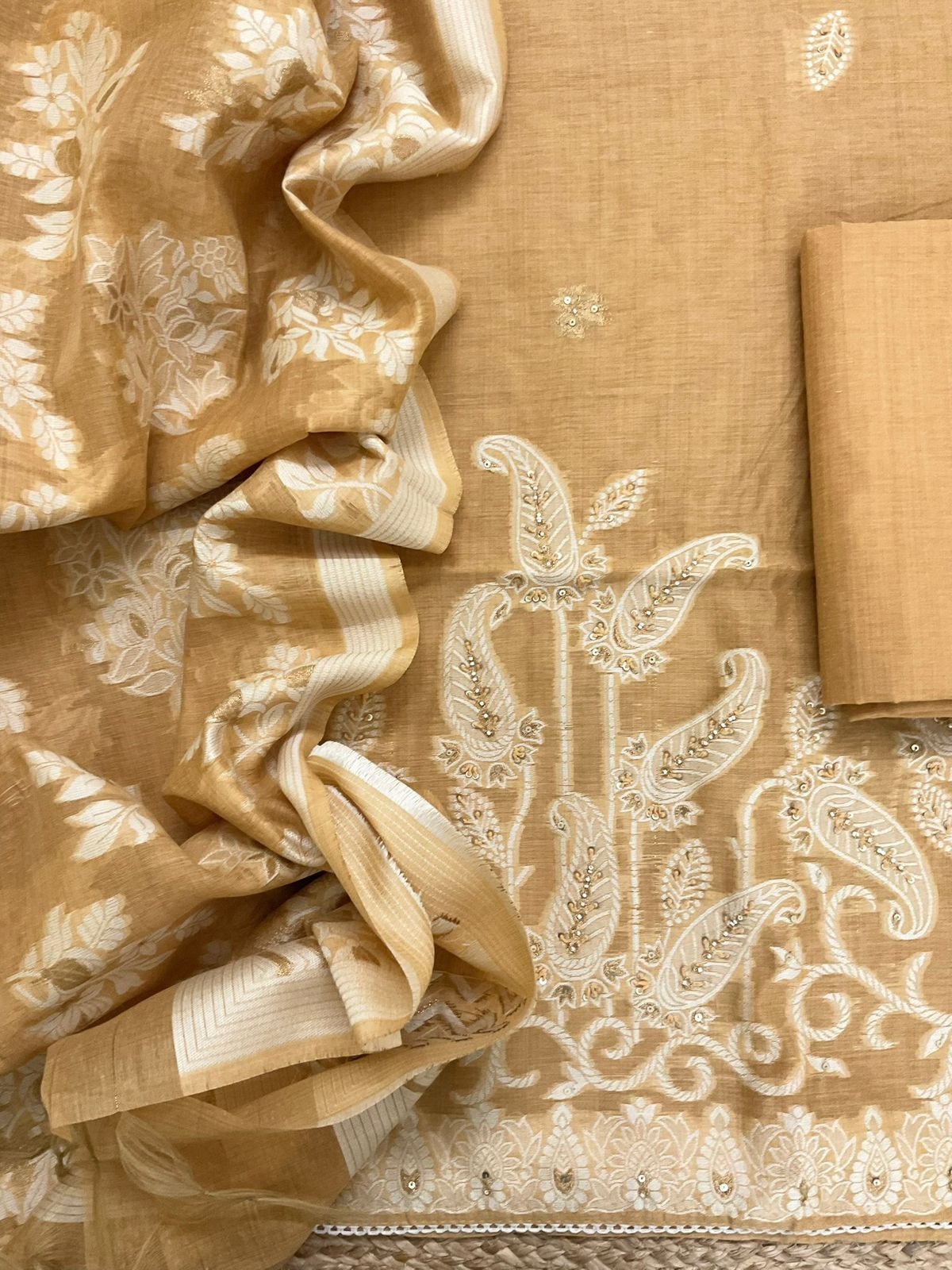 Soft Slub Chanderi Jamdani Weaved Embroidered Suit - Yellowish Brown