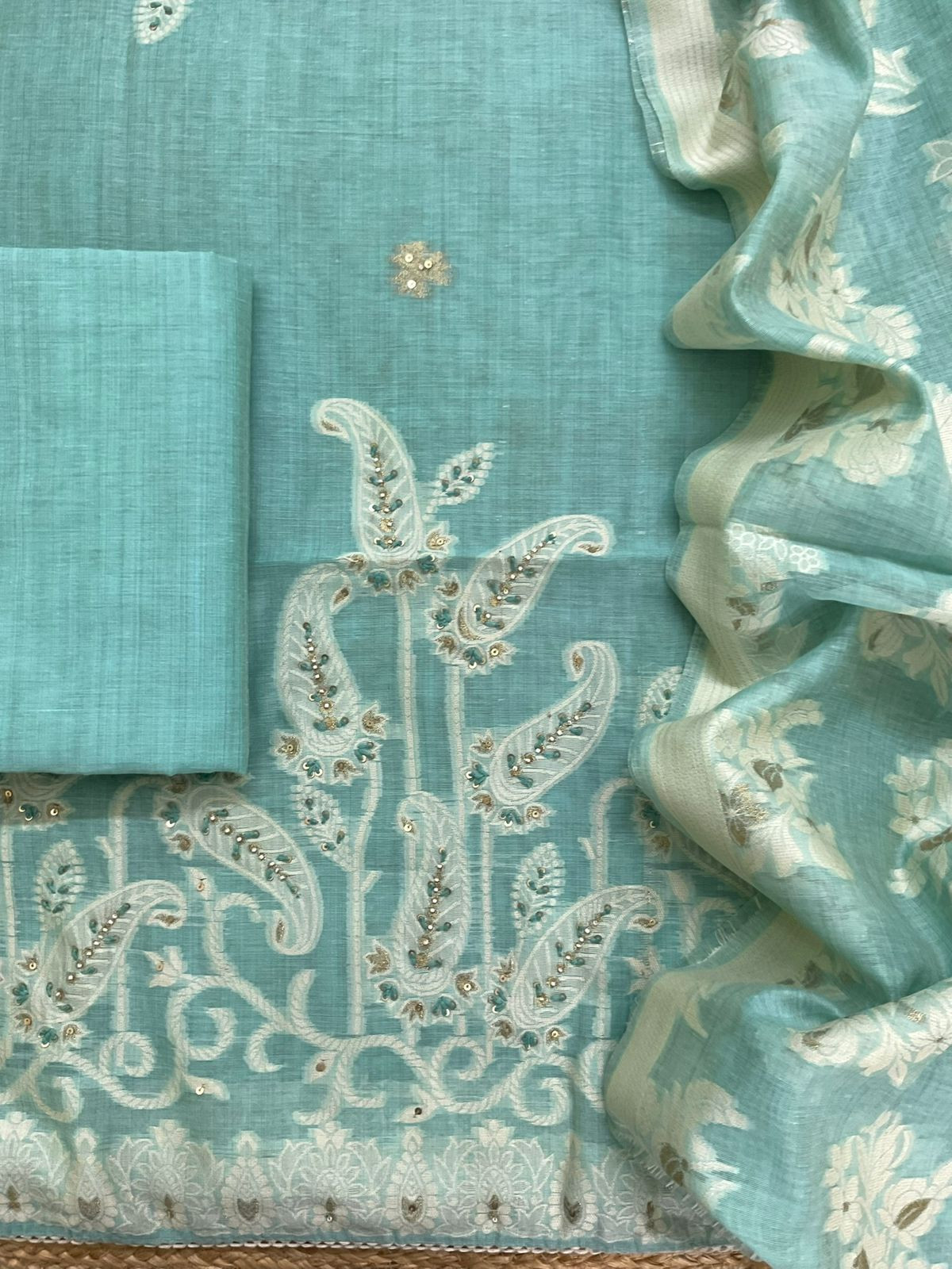 Soft Slub Chanderi Jamdani Weaved Embroidered Suit - Blue