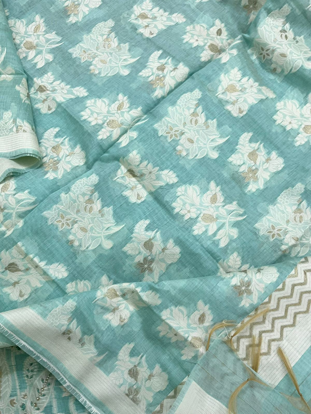 Soft Slub Chanderi Jamdani Weaved Embroidered Suit - Blue