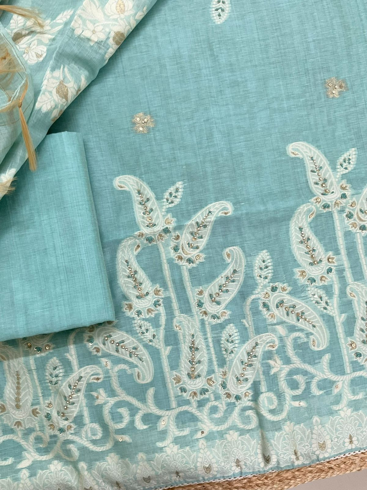 Soft Slub Chanderi Jamdani Weaved Embroidered Suit - Blue