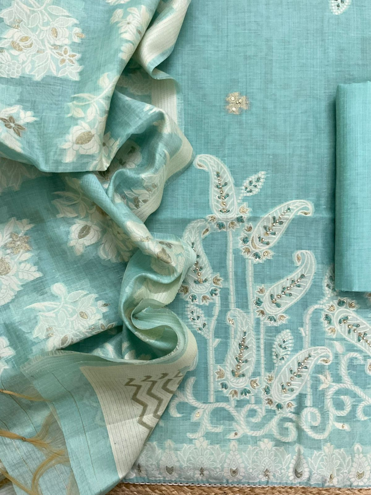 Soft Slub Chanderi Jamdani Weaved Embroidered Suit - Blue