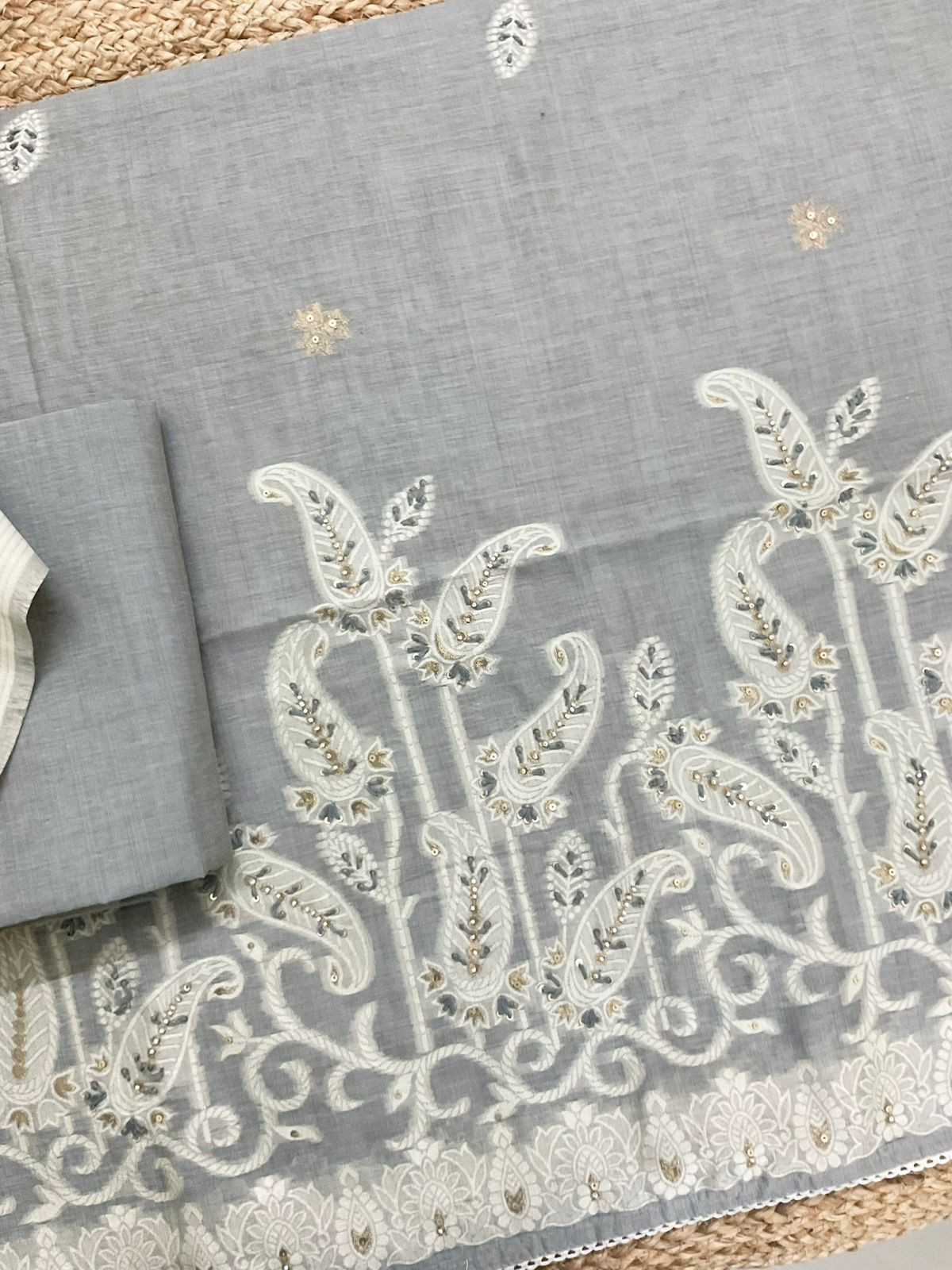Soft Slub Chanderi Jamdani Weaved Embroidered Suit - Grey