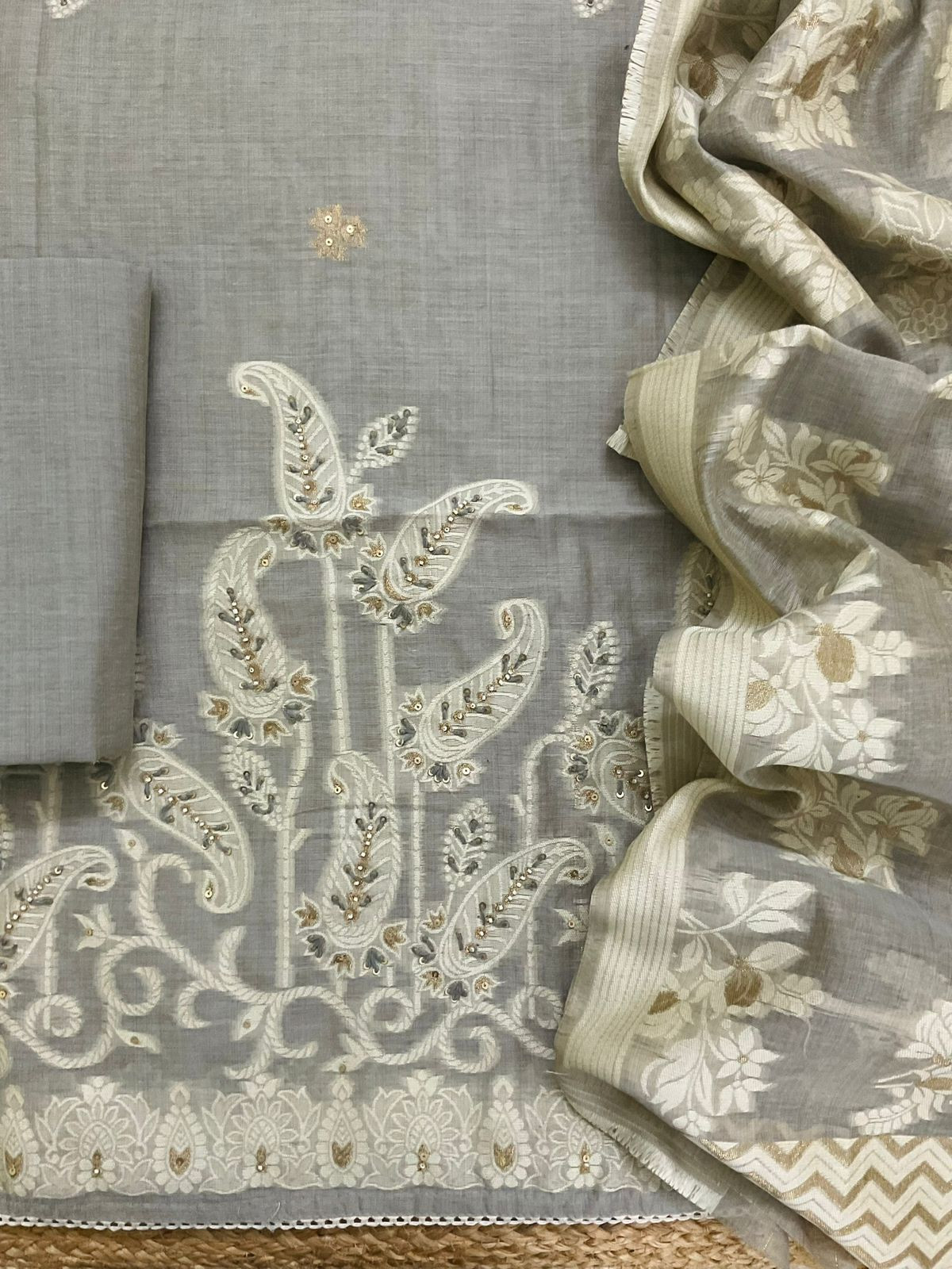 Soft Slub Chanderi Jamdani Weaved Embroidered Suit - Grey
