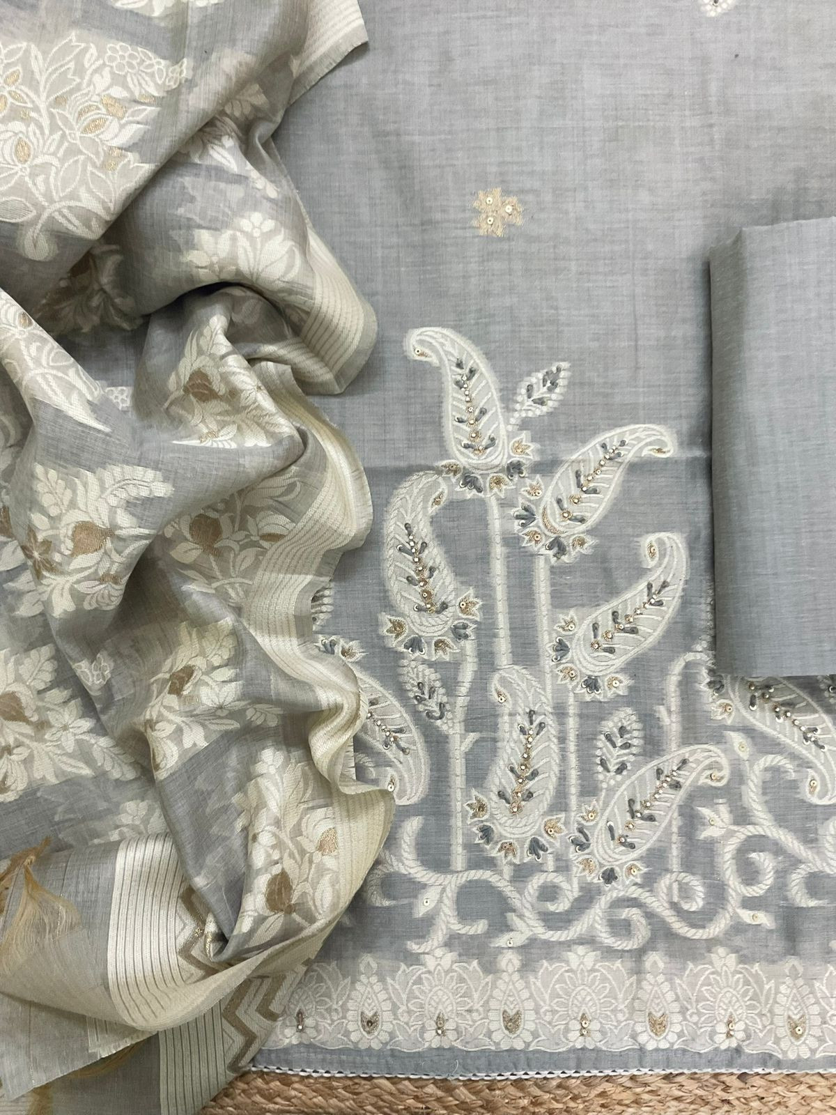 Soft Slub Chanderi Jamdani Weaved Embroidered Suit - Grey