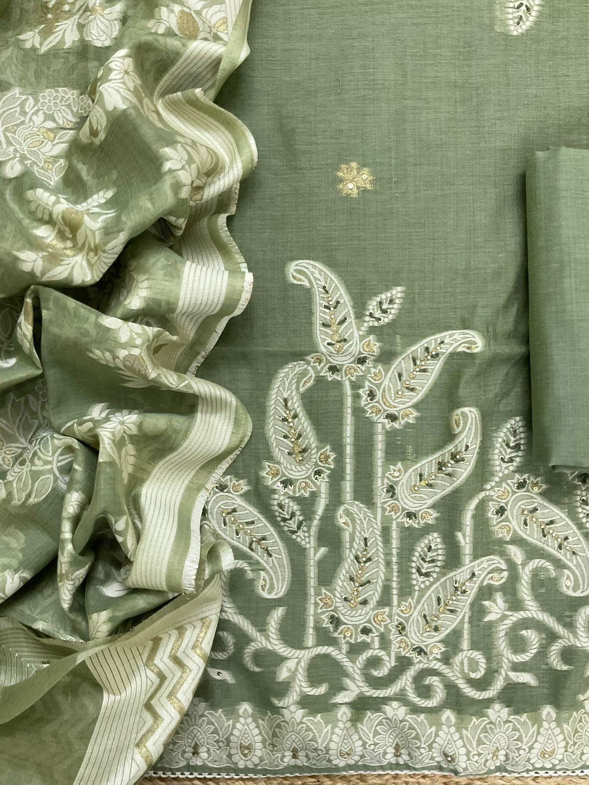 Soft Slub Chanderi Jamdani Weaved Embroidered Suit - Green