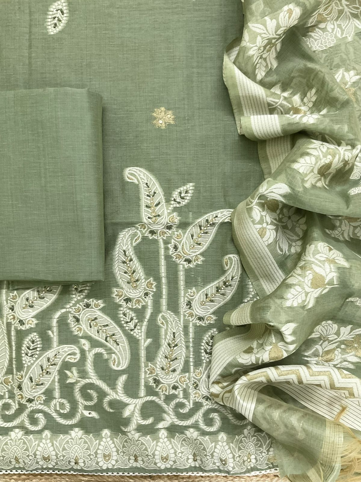 Soft Slub Chanderi Jamdani Weaved Embroidered Suit - Green