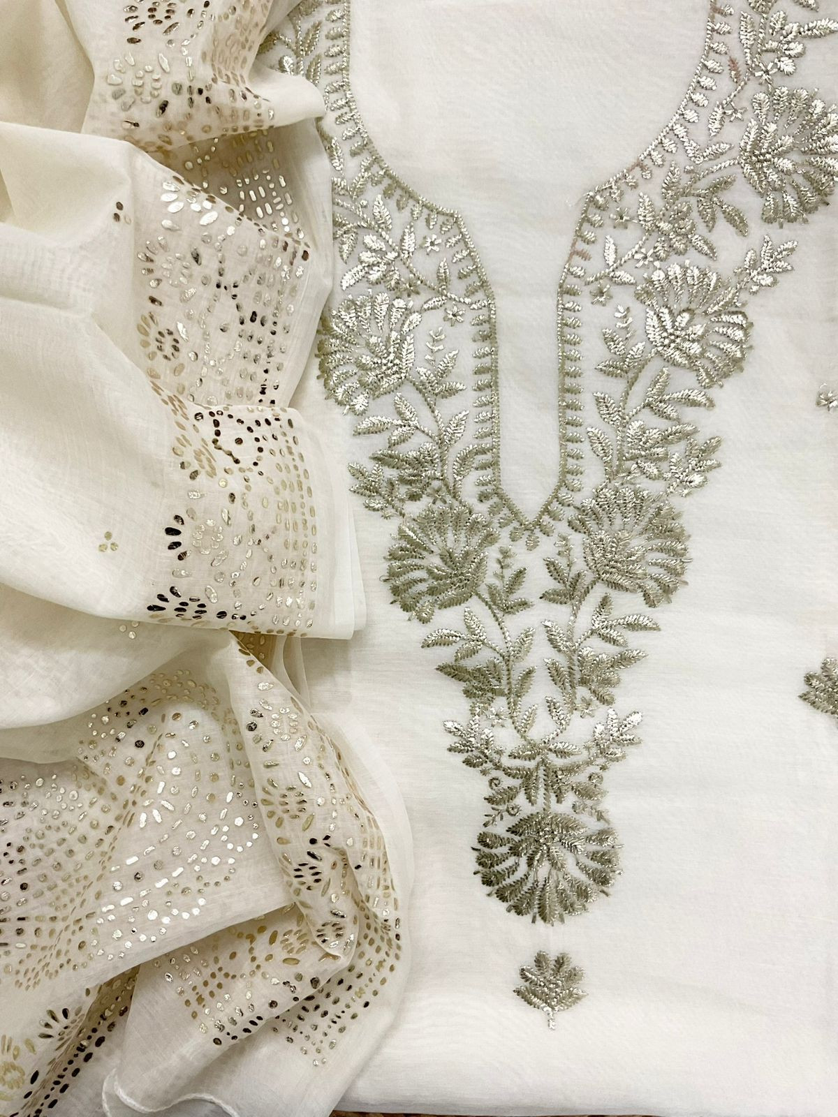Soft Chanderi Embroidered Suit - Off White
