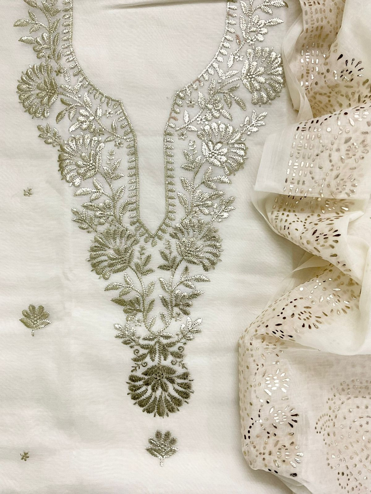 Soft Chanderi Embroidered Suit - Off White