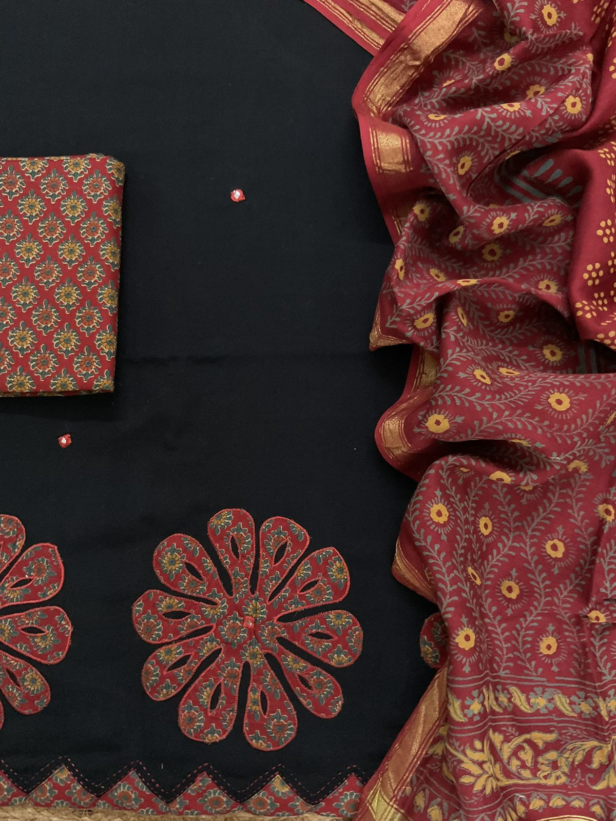 Pure Cotton Printed Embroidered Suit - Black