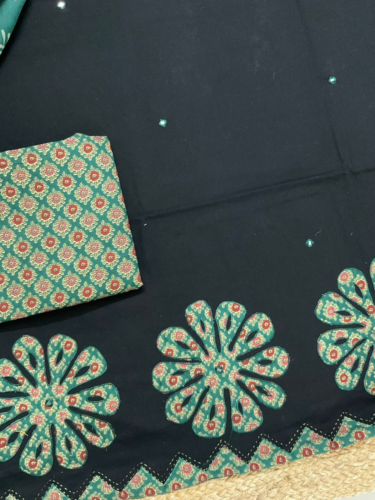 Pure Cotton Printed Embroidered Suit - Black