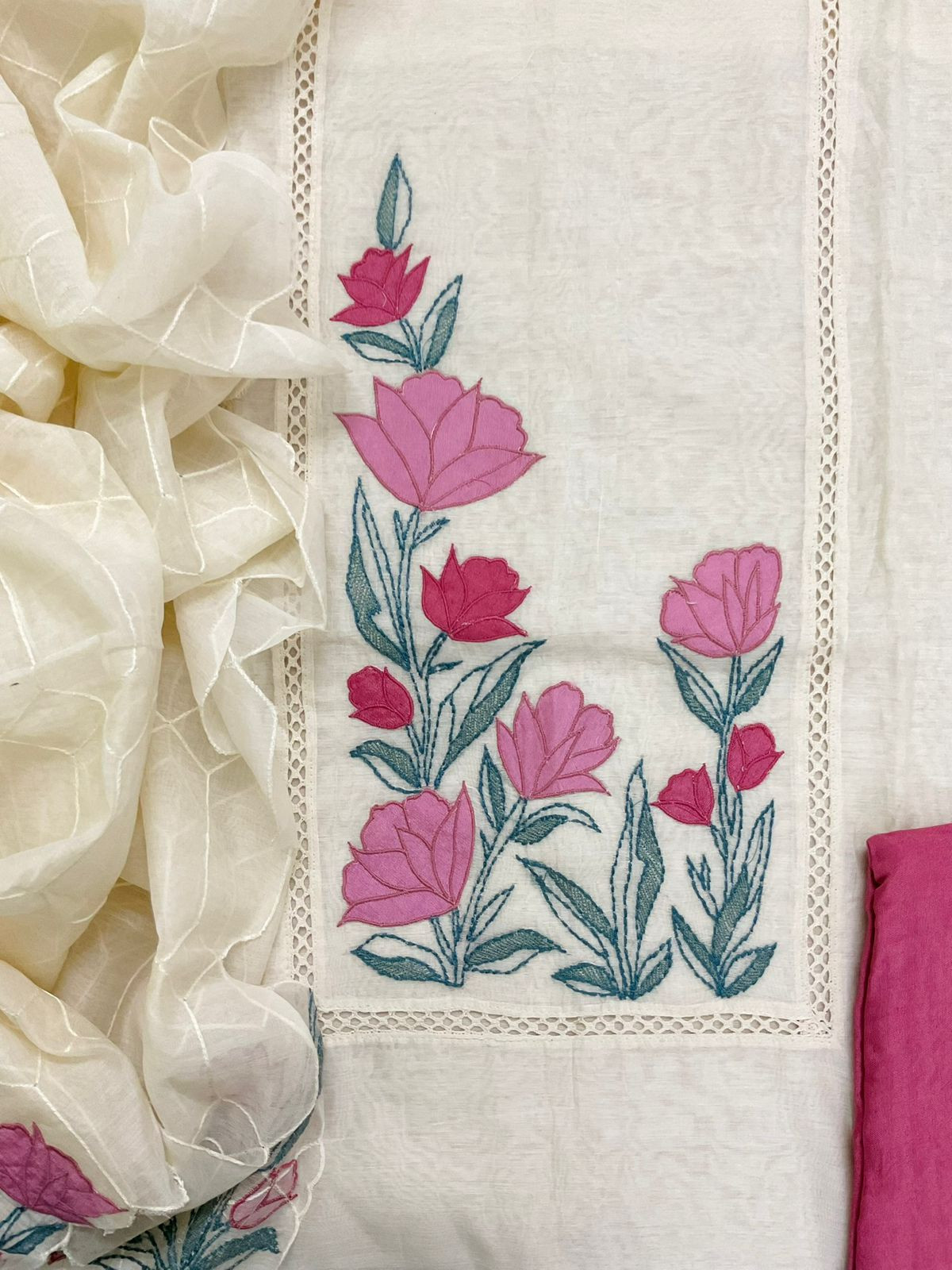 Pure Chanderi Embroidered Suit - Off White