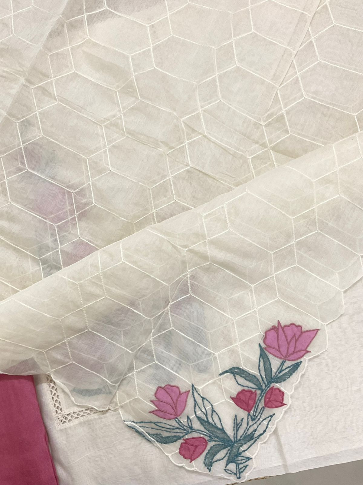 Pure Chanderi Embroidered Suit - Off White