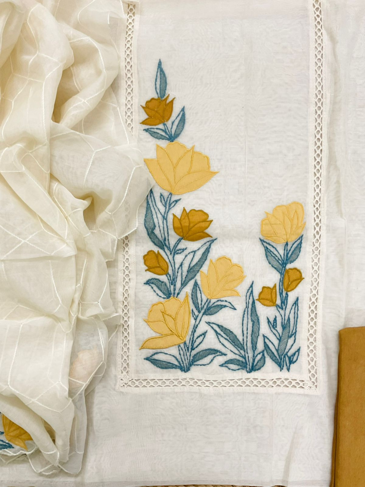 Pure Chanderi Embroidered Suit - Off White