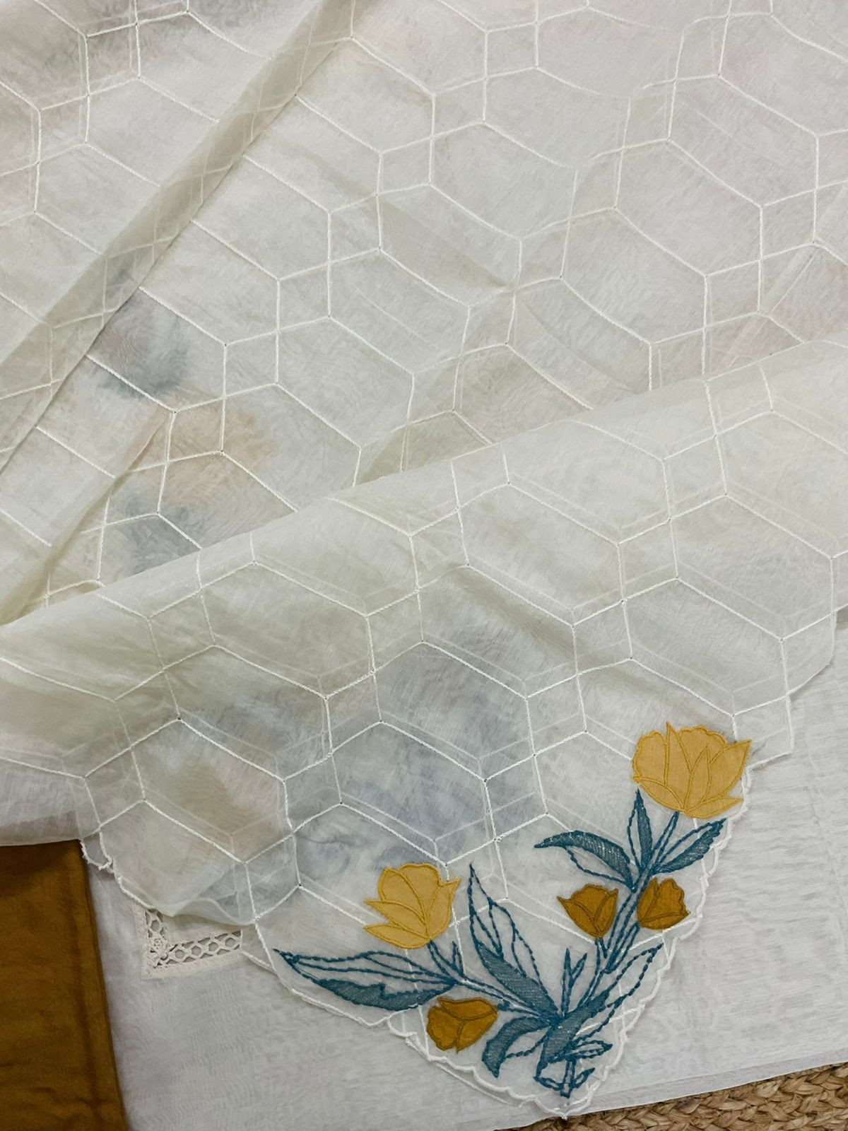 Pure Chanderi Embroidered Suit - Off White