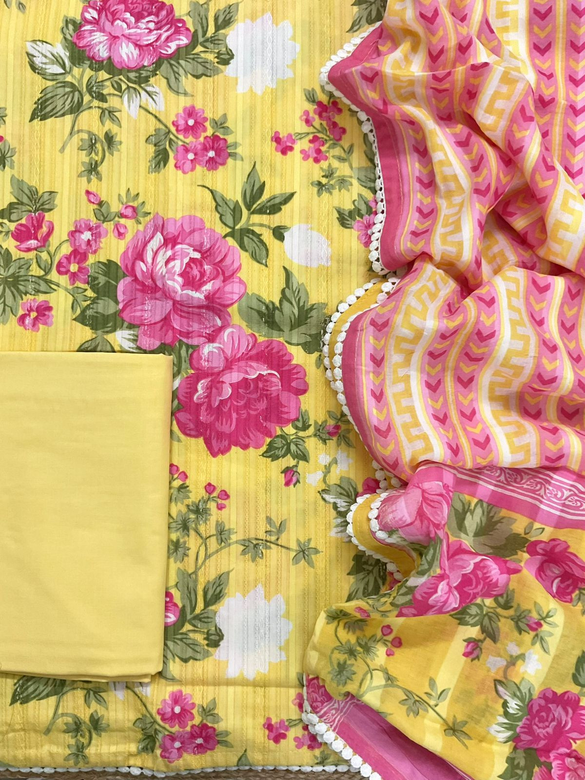 Pure Cotton Printed Self Weaved Suit - Yellow