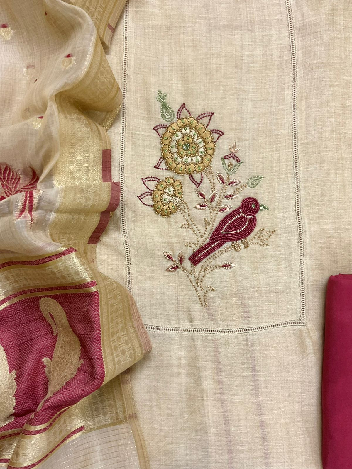 Pure Slub Chanderi Jamdani Weaved Embroidered Suit - Beige