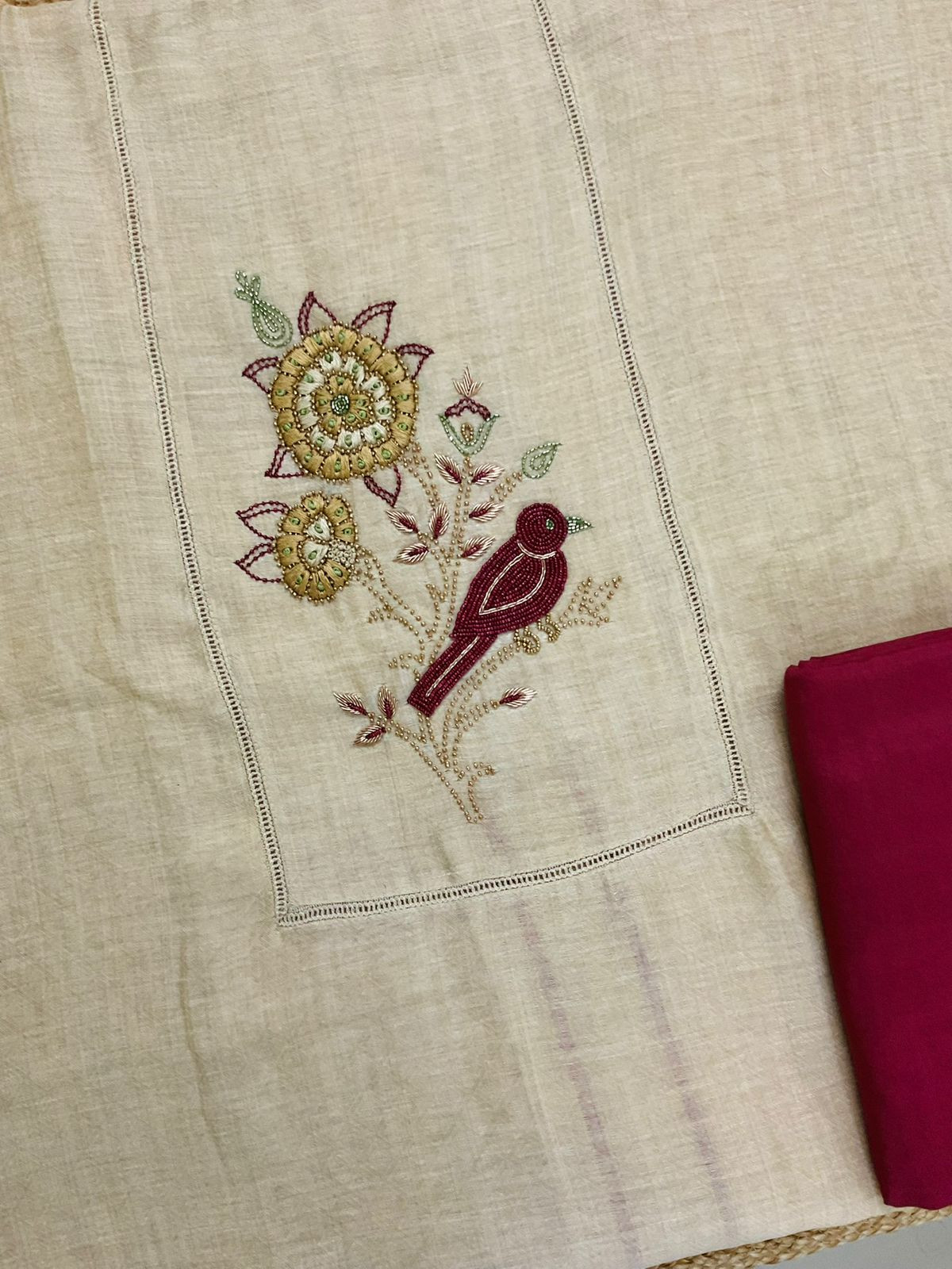 Pure Slub Chanderi Jamdani Weaved Embroidered Suit - Beige