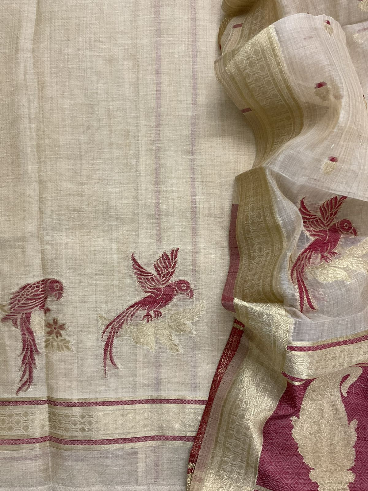 Pure Slub Chanderi Jamdani Weaved Embroidered Suit - Beige