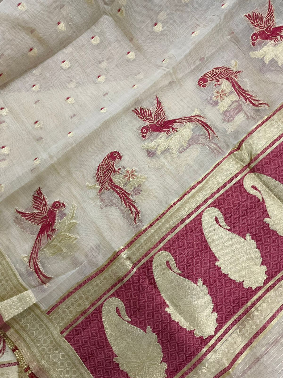 Pure Slub Chanderi Jamdani Weaved Embroidered Suit - Beige