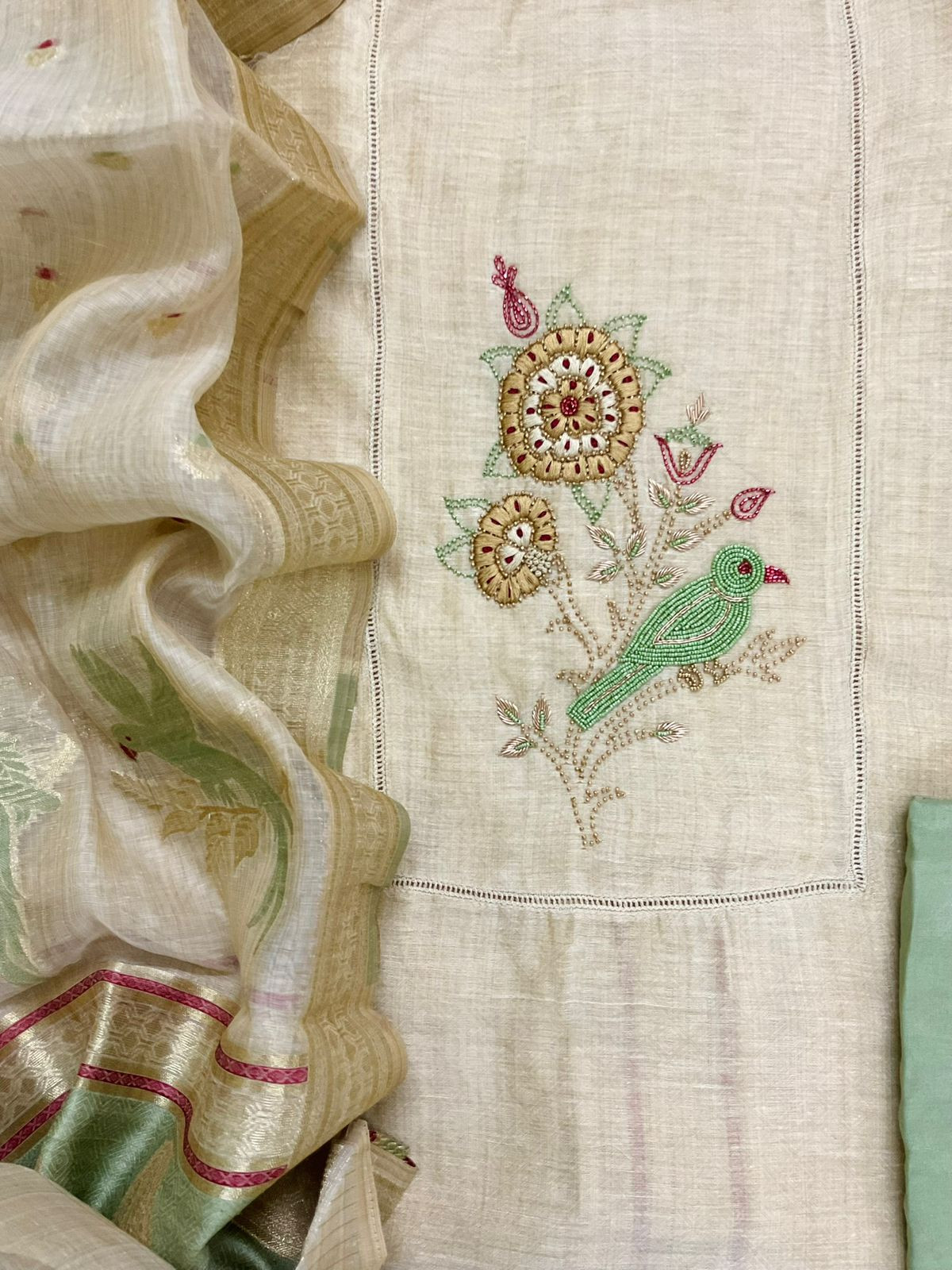 Pure Slub Chanderi Jamdani Weaved Embroidered Suit - Beige