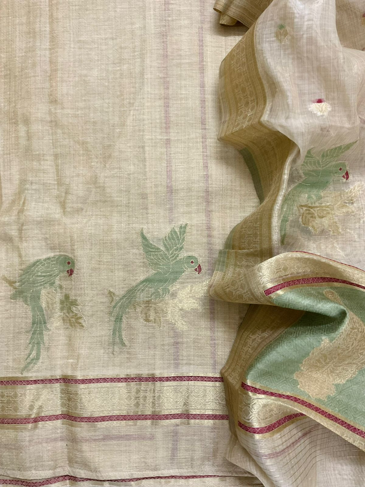 Pure Slub Chanderi Jamdani Weaved Embroidered Suit - Beige