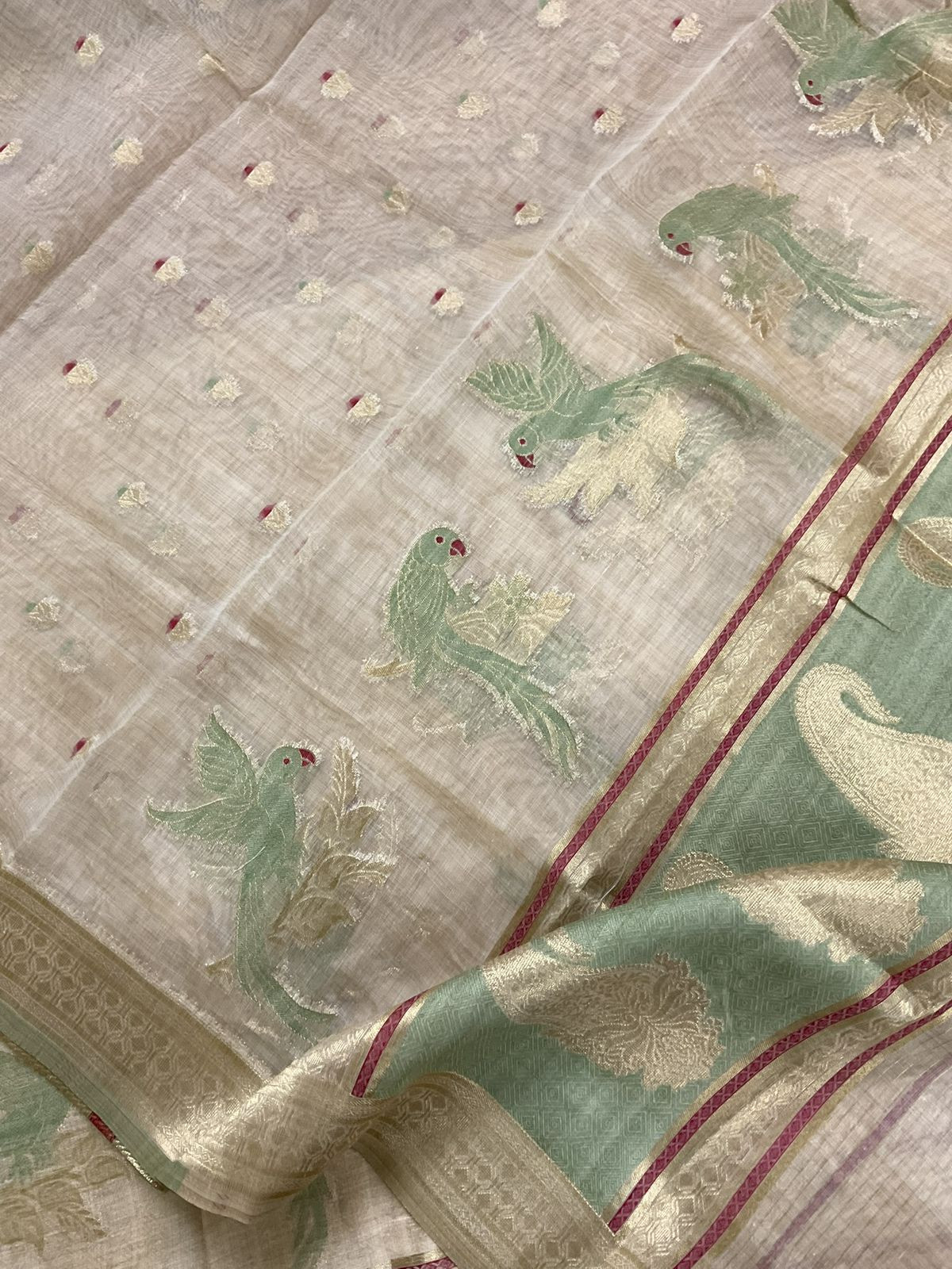 Pure Slub Chanderi Jamdani Weaved Embroidered Suit - Beige