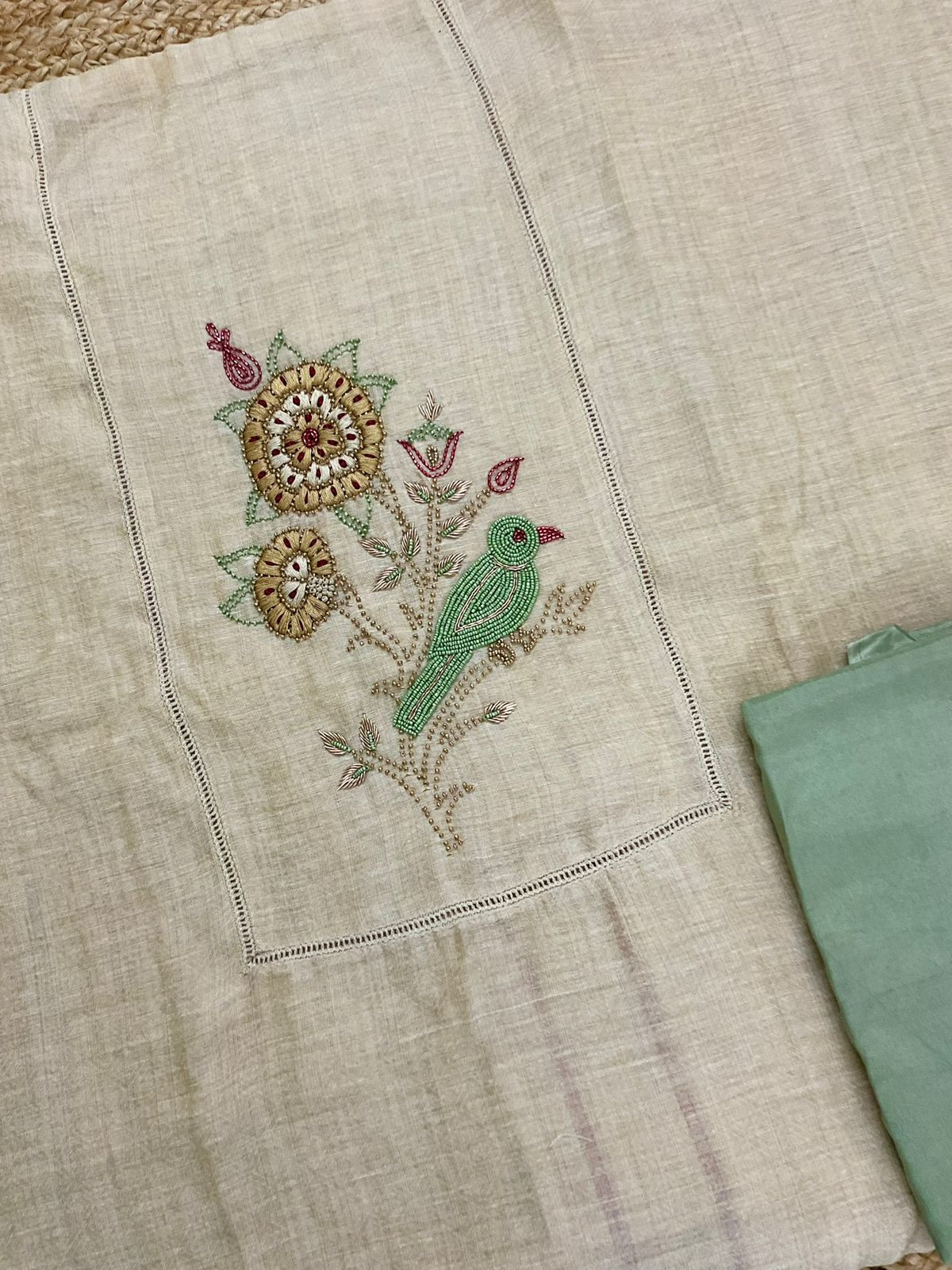Pure Slub Chanderi Jamdani Weaved Embroidered Suit - Beige